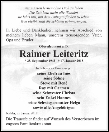 Traueranzeige von Raimer Leiteritz von Ostthüringer Zeitung, Thüringische Landeszeitung