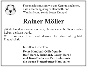 Traueranzeige von Rainer Möller von Ostthüringer Zeitung, Thüringische Landeszeitung