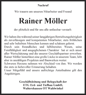 Traueranzeige von Rainer Möller von Ostthüringer Zeitung, Thüringische Landeszeitung