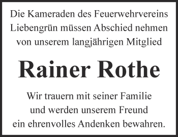 Traueranzeige von Rainer Rothe von Ostthüringer Zeitung