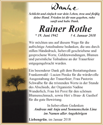 Traueranzeige von Rainer Rothe von Ostthüringer Zeitung