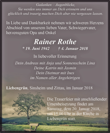 Traueranzeige von Rainer Rothe von Ostthüringer Zeitung