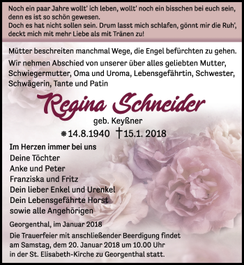 Traueranzeige von Regina Schneider von Ostthüringer Zeitung, Thüringische Landeszeitung