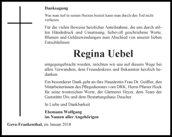 Traueranzeige von Regina Uebel von Ostthüringer Zeitung
