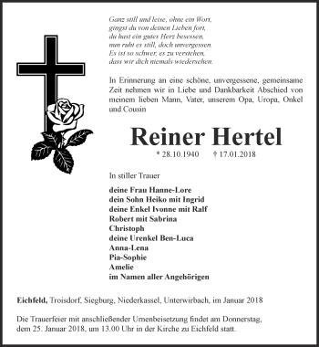 Traueranzeige von Reiner Hertel von Ostthüringer Zeitung