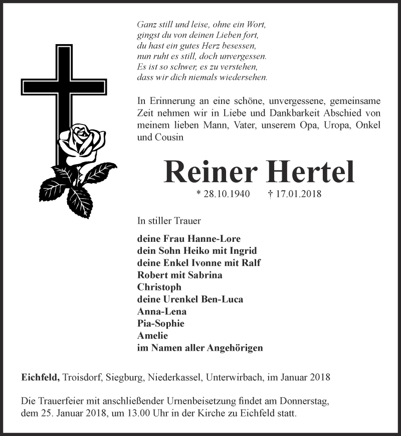  Traueranzeige für Reiner Hertel vom 20.01.2018 aus Ostthüringer Zeitung