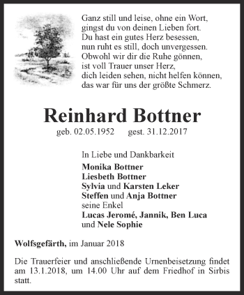 Traueranzeige von Reinhard Bottner von Ostthüringer Zeitung