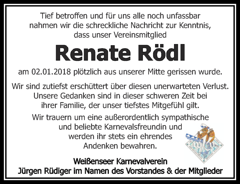  Traueranzeige für Renate Rödl vom 20.01.2018 aus Thüringer Allgemeine