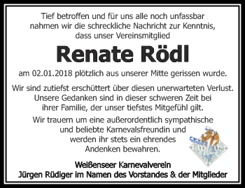 Traueranzeige von Renate Rödl von Thüringer Allgemeine