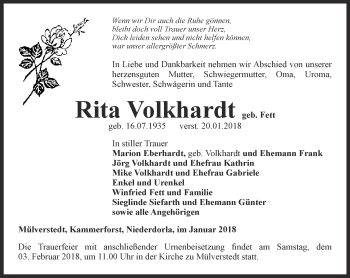 Traueranzeige von Rita Volkhardt von Thüringer Allgemeine, Thüringische Landeszeitung