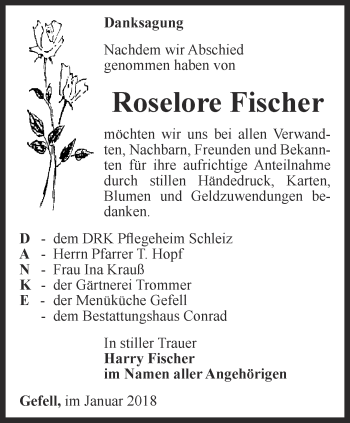 Traueranzeige von Roselore Fischer von Ostthüringer Zeitung
