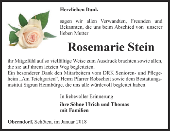 Traueranzeige von Rosemarie Stein von Thüringer Allgemeine, Thüringische Landeszeitung