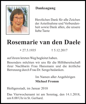 Traueranzeige von Rosemarie van den Daele  von Thüringer Allgemeine