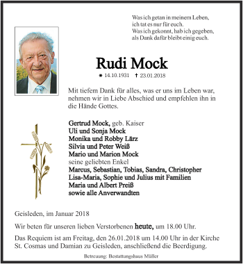 Traueranzeige von Rudi Mock von Thüringer Allgemeine