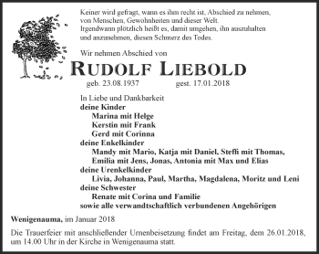 Traueranzeige von Rudolf Liebold von Ostthüringer Zeitung