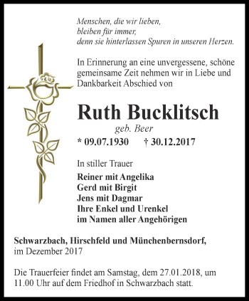 Traueranzeige von Ruth Bucklitsch von Ostthüringer Zeitung