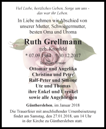 Traueranzeige von Ruth Grellmann von Ostthüringer Zeitung, Thüringische Landeszeitung