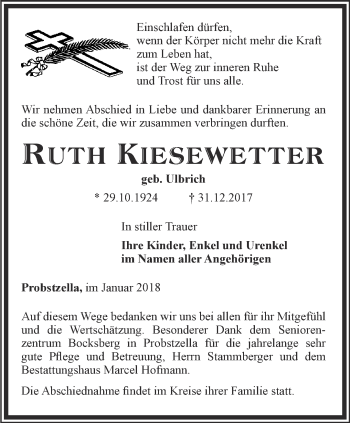 Traueranzeige von Ruth Kiesewetter von Ostthüringer Zeitung