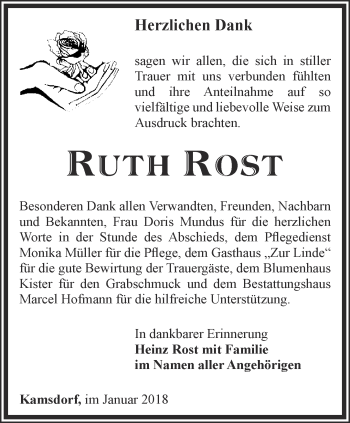 Traueranzeige von Ruth Rost von Ostthüringer Zeitung