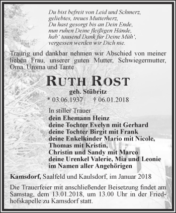 Traueranzeige von Ruth Rost von Ostthüringer Zeitung