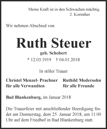 Traueranzeige von Ruth Steuer von Ostthüringer Zeitung