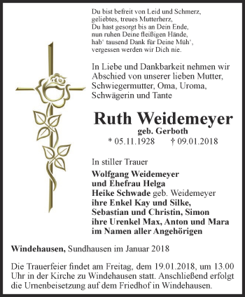 Traueranzeige von Ruth Weidemeyer von Thüringer Allgemeine