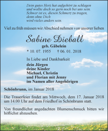 Traueranzeige von Sabine Dieball von Ostthüringer Zeitung