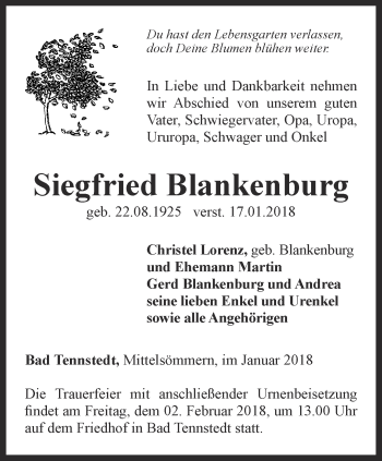 Traueranzeige von Siegfried Blankenburg von Thüringer Allgemeine, Thüringische Landeszeitung