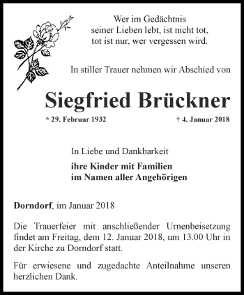 Traueranzeige von Siegfried Brückner von Ostthüringer Zeitung