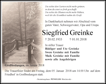 Traueranzeige von Siegfried Greinke von Thüringer Allgemeine