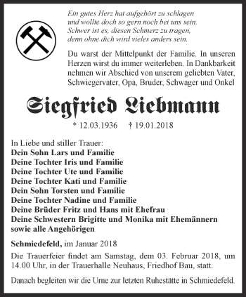 Traueranzeige von Siegfried Liebmann von Ostthüringer Zeitung