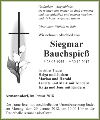 Traueranzeige von Siegmar Bauchspieß von Thüringer Allgemeine, Thüringische Landeszeitung