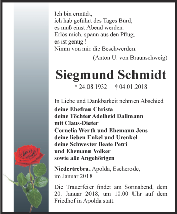 Traueranzeige von Siegmund Schmidt von Thüringer Allgemeine, Thüringische Landeszeitung