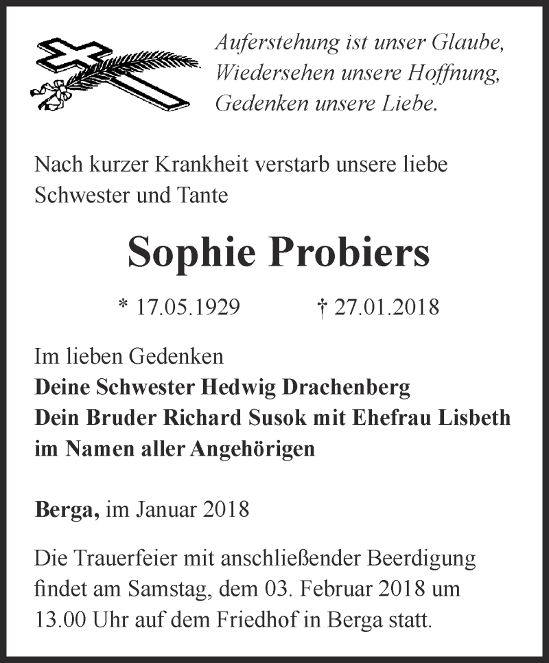  Traueranzeige für Sophie Probiers vom 30.01.2018 aus Ostthüringer Zeitung