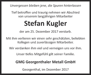 Traueranzeige von Stefan Kugler von Ostthüringer Zeitung, Thüringische Landeszeitung