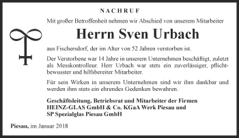 Traueranzeige von Sven Urbach von Ostthüringer Zeitung