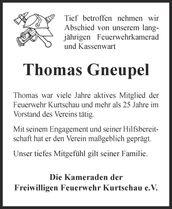 Traueranzeige von Thomas Gneupel von Ostthüringer Zeitung