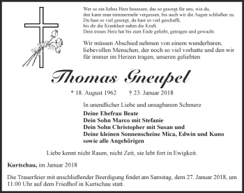 Traueranzeige von Thomas Gneupel von Ostthüringer Zeitung