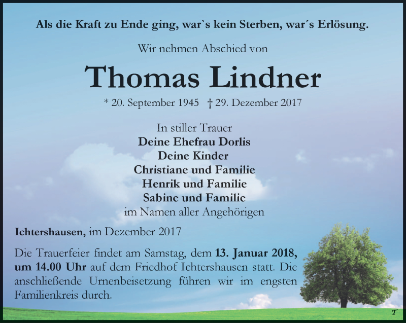  Traueranzeige für Thomas Lindner vom 04.01.2018 aus Thüringer Allgemeine