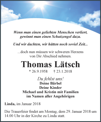 Traueranzeige von Thomas Lätsch von Ostthüringer Zeitung