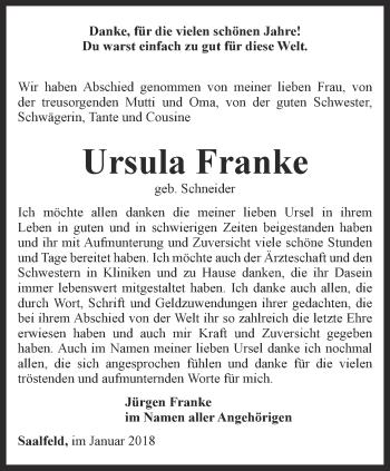 Traueranzeige von Ursula Franke von Ostthüringer Zeitung