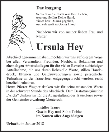Traueranzeige von Ursula Hey von Thüringer Allgemeine, Thüringische Landeszeitung