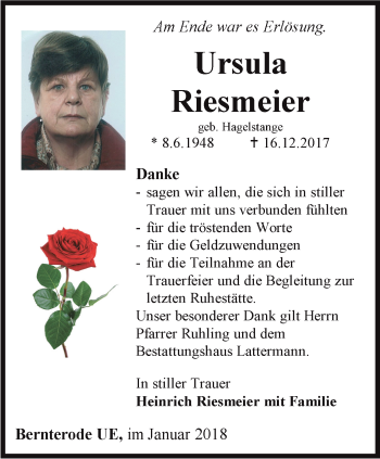 Traueranzeige von Ursula Riesmeier von Thüringer Allgemeine