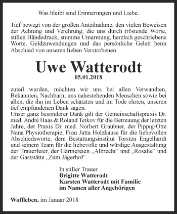 Traueranzeige von Uwe Watterodt von Thüringer Allgemeine