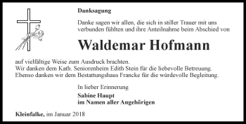 Traueranzeige von Waldemar Hofmann von Ostthüringer Zeitung
