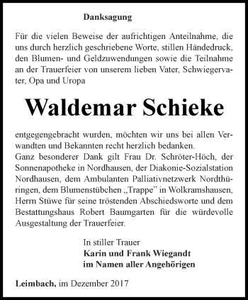 Traueranzeige von Waldemar Schieke von Thüringer Allgemeine