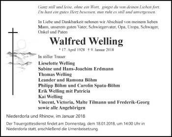 Traueranzeige von Walfred Welling von Thüringer Allgemeine, Thüringische Landeszeitung