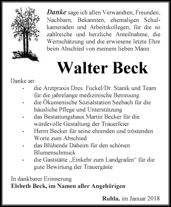 Traueranzeige von Walter Beck von Thüringer Allgemeine, Thüringische Landeszeitung