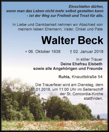 Traueranzeige von Walter Beck von Thüringer Allgemeine, Thüringische Landeszeitung