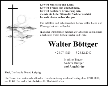 Traueranzeige von Walter Böttger von Thüringer Allgemeine, Thüringische Landeszeitung